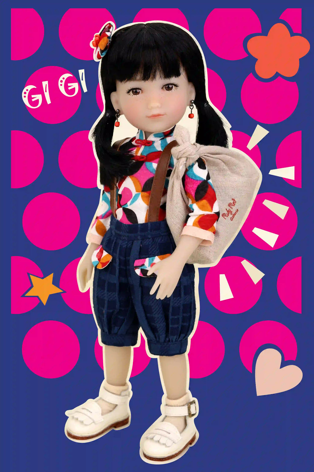 Doll with colorful outfit against a patterned background