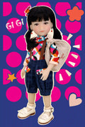 Doll with colorful outfit against a patterned background