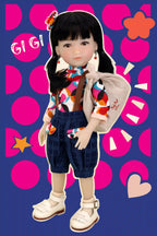 Doll with colorful outfit against a patterned background