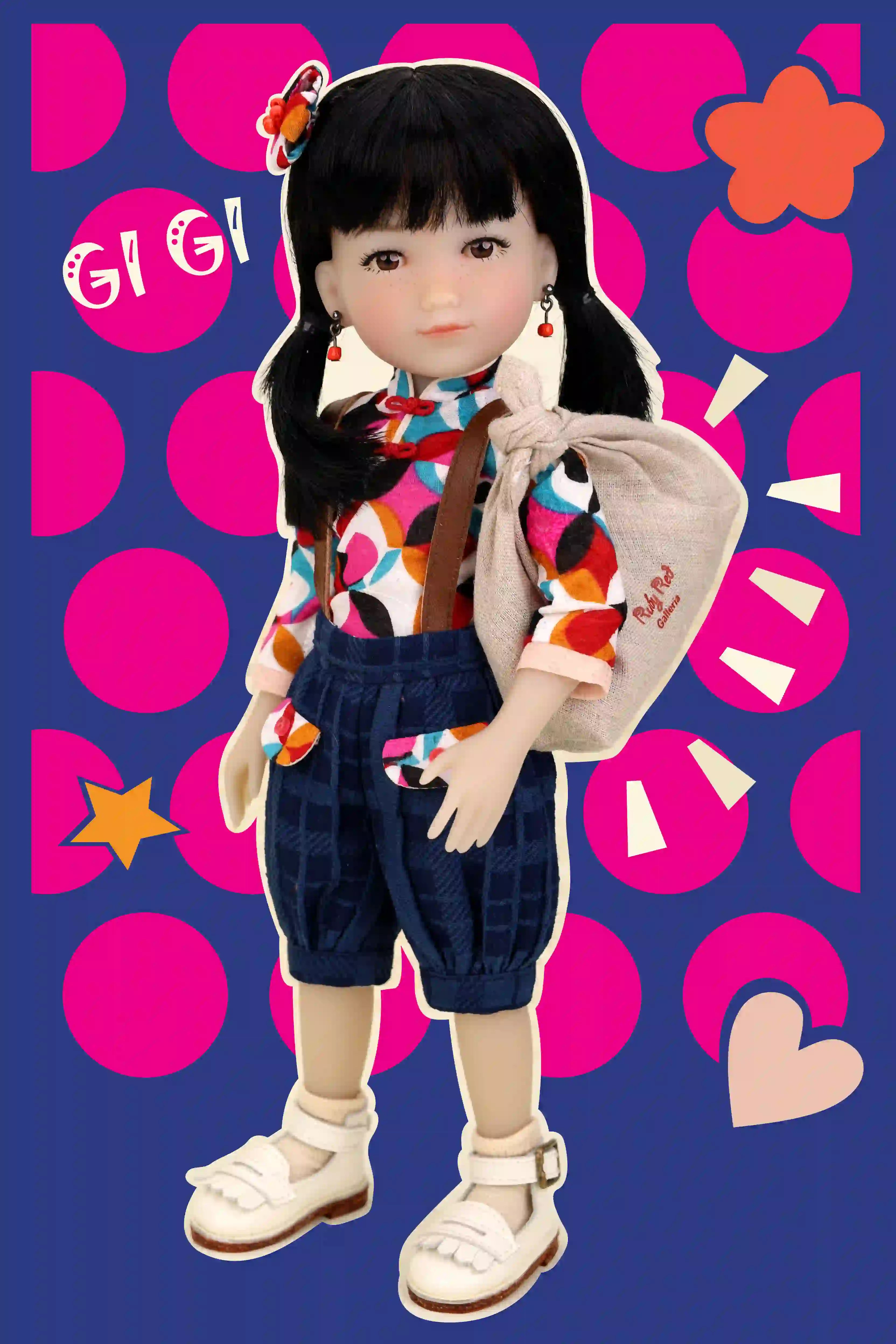 Doll with colorful outfit against a patterned background