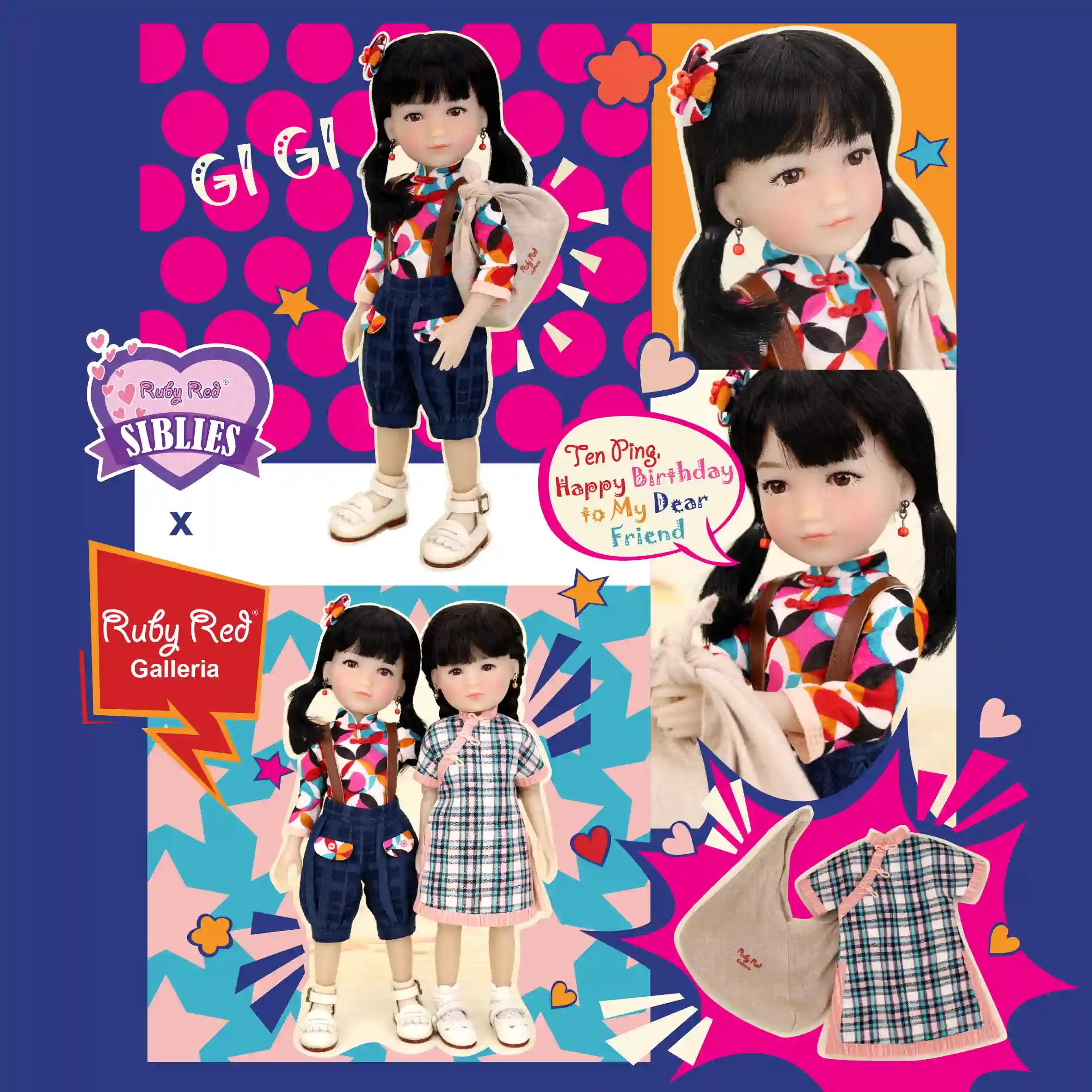 Collage of dolls with colorful outfits and accessories on a vibrant background