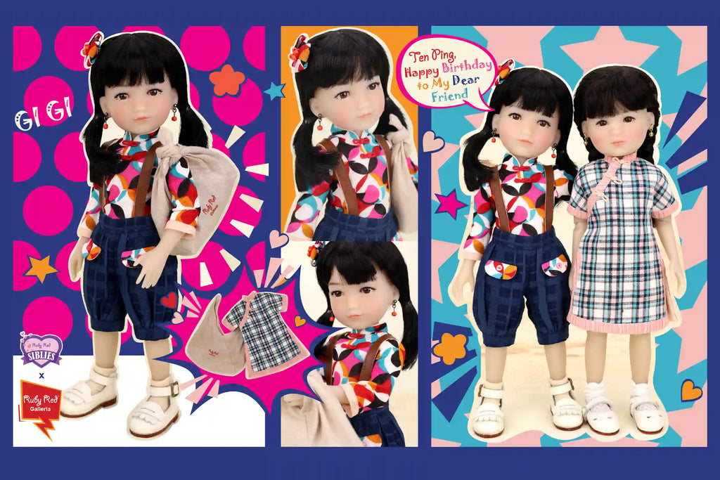 Set of dolls with colorful outfits on a patterned background