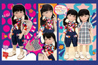 Set of dolls with colorful outfits on a patterned background