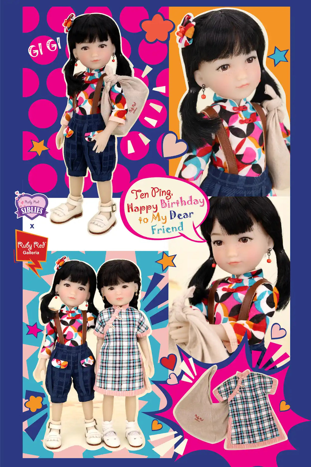 Collage of a doll with various outfits on a colorful background
