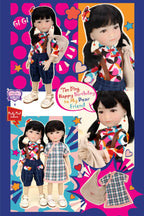 Collage of a doll with various outfits on a colorful background