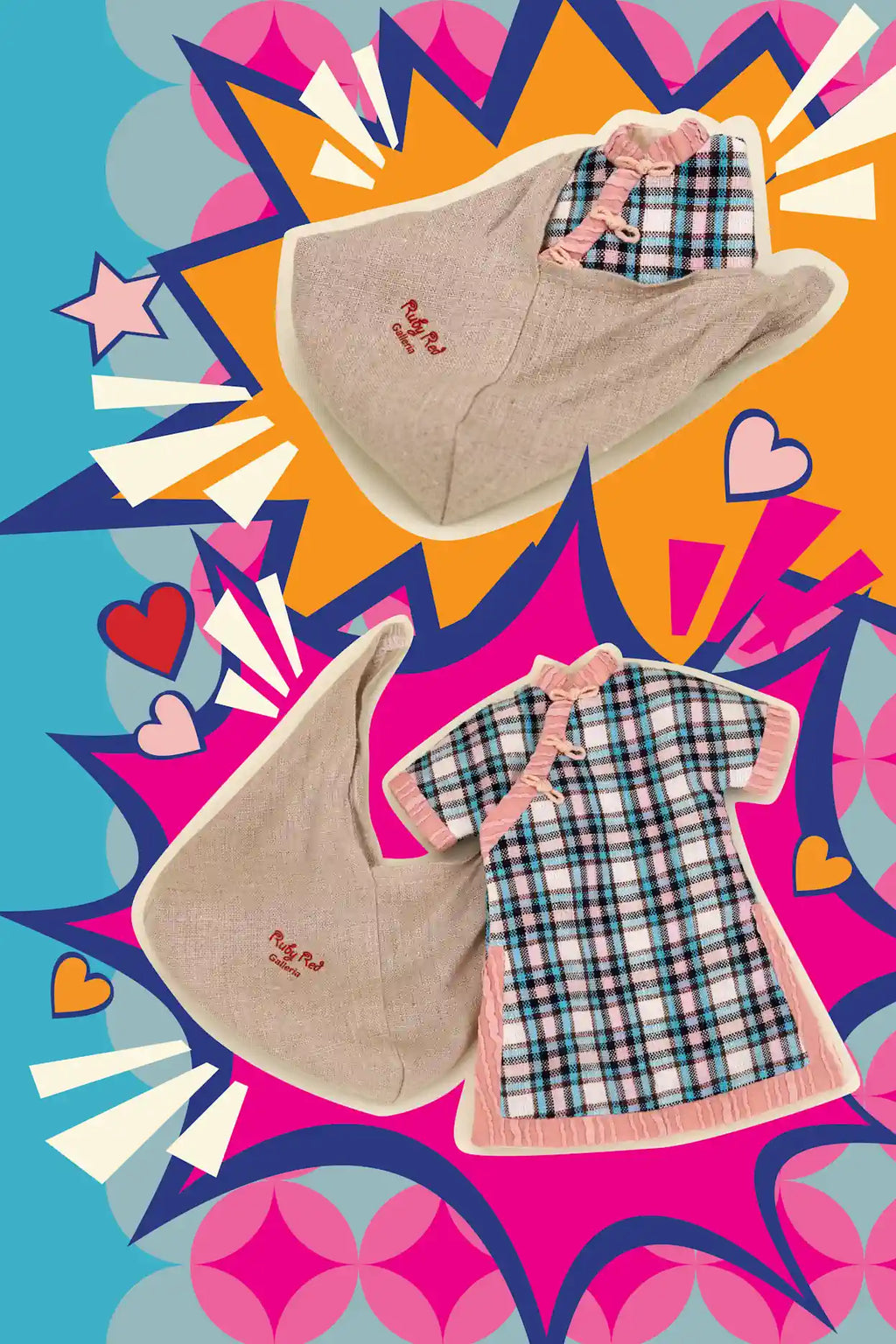 Dolls' outfit with shirt and pants on a colorful abstract background