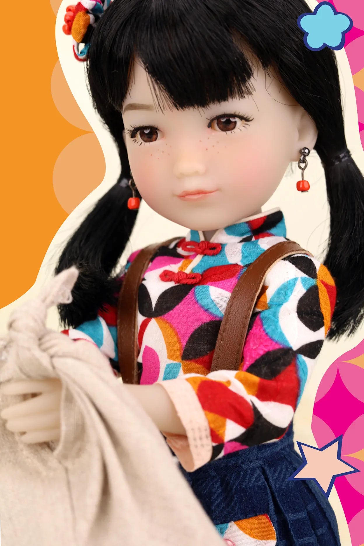 Doll with colorful outfit and decorative elements on a vibrant background