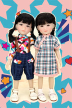 Two dolls standing side by side against a colorful star and heart patterned background.