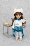8" mini Fashion Friends doll wearing a white sweater with a cat design, blue skirt, and white shoes on a gray background.