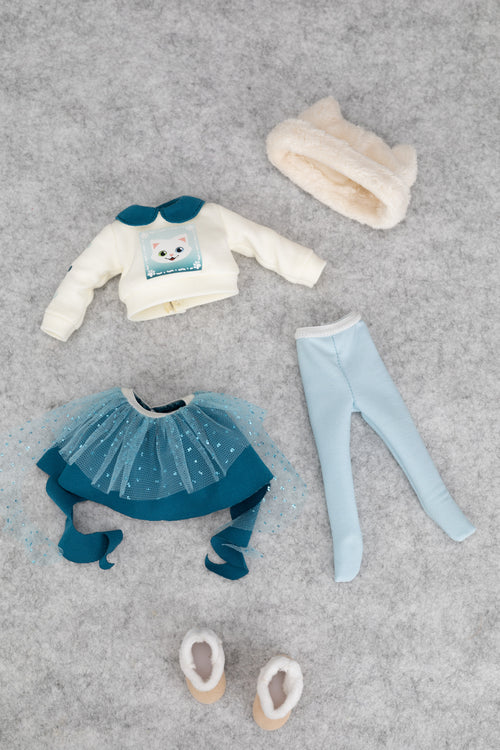 8" mini Fashion Friends clothing set including a sweater, skirt, hat with cute ears. tights, and shoes on a gray surface