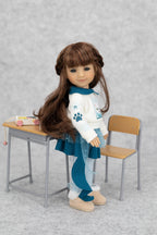 8" mini Fashion Friends doll with long brown hair sitting on a small desk with a chair against a gray background