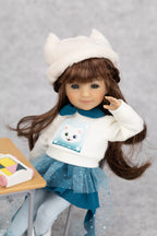 8"mini Fashion Friends dolls wearing a white outfit with a cat design and a blue skirt, sitting at a table.