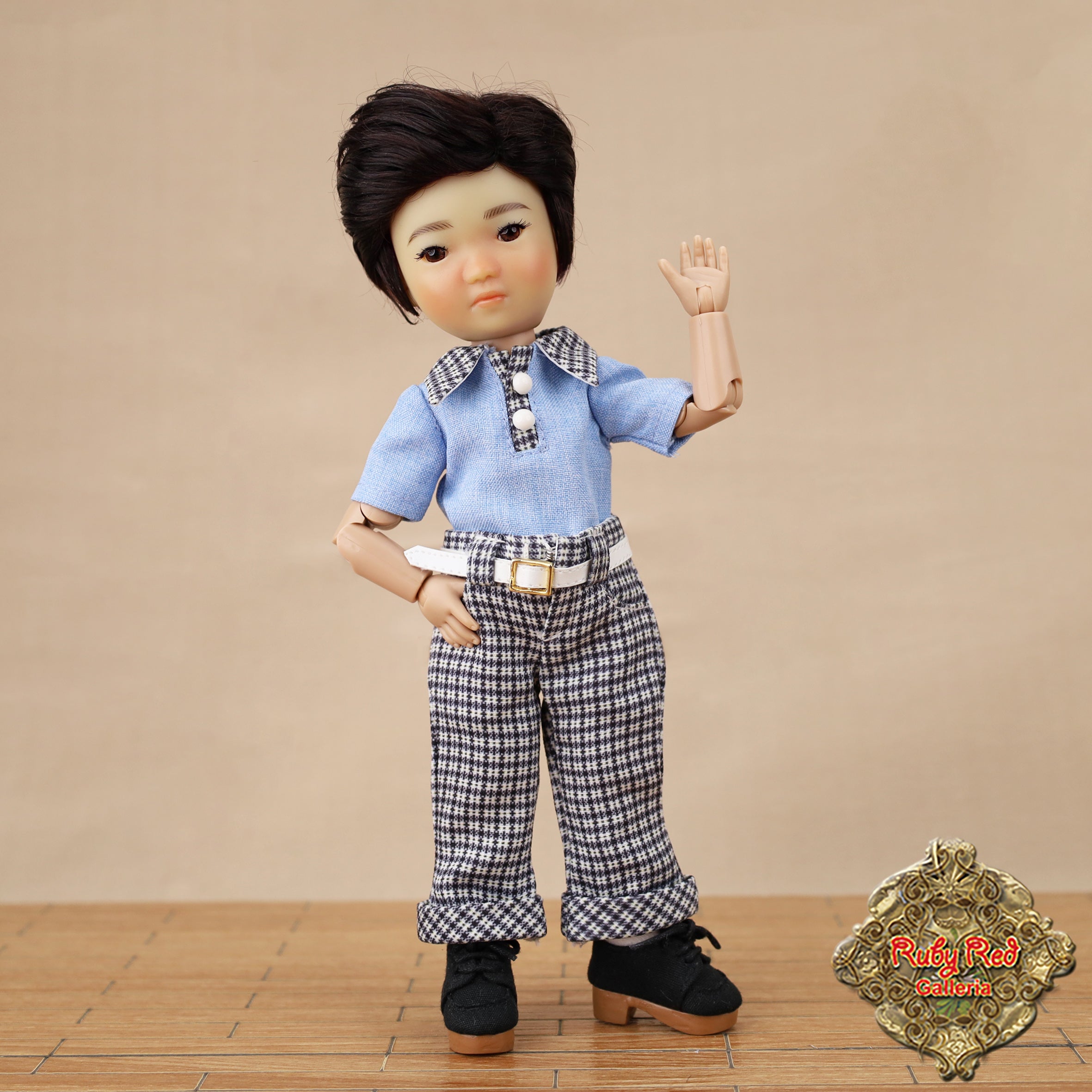 Doll wearing a blue shirt and checkered pants on a beige background with 'Ruby Red Dolls' logo.