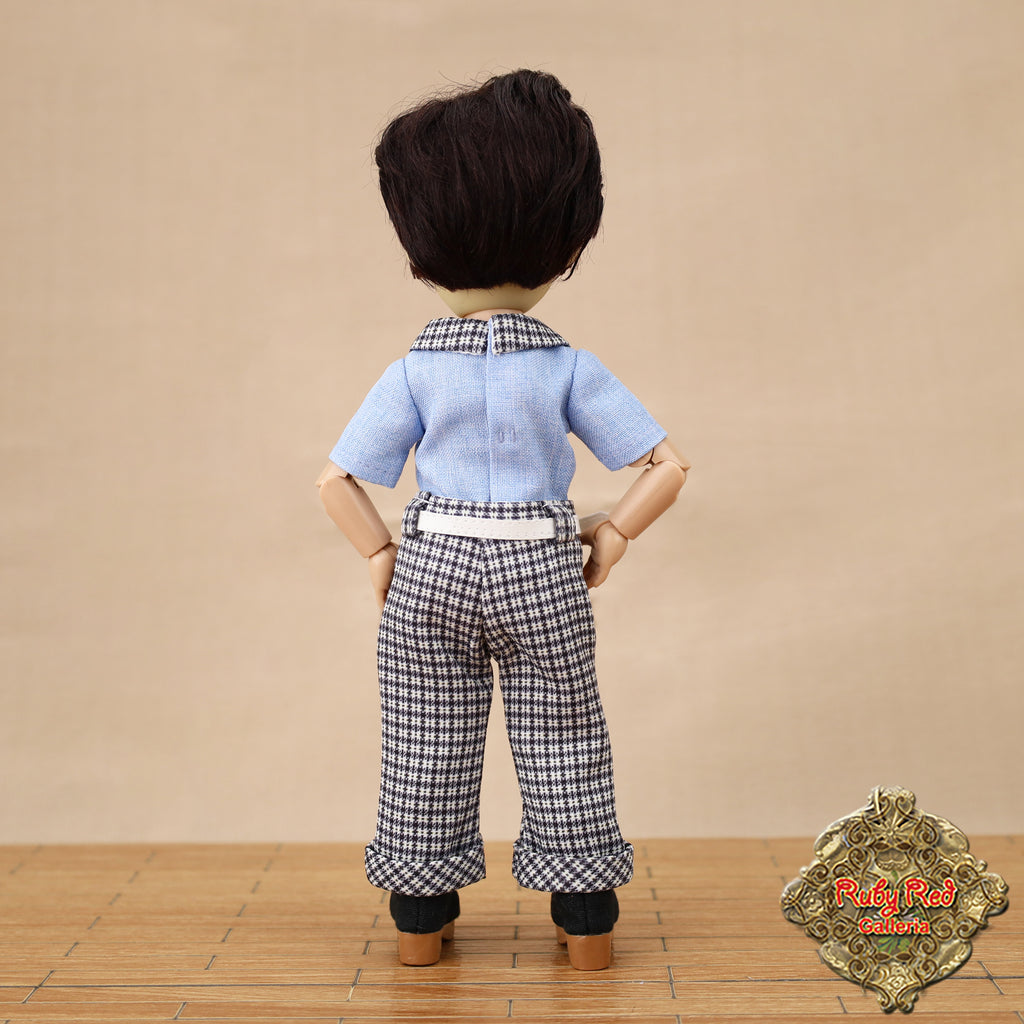 Doll wearing a blue shirt and checkered pants on a beige background with 'Ruby Red Dolls' logo.