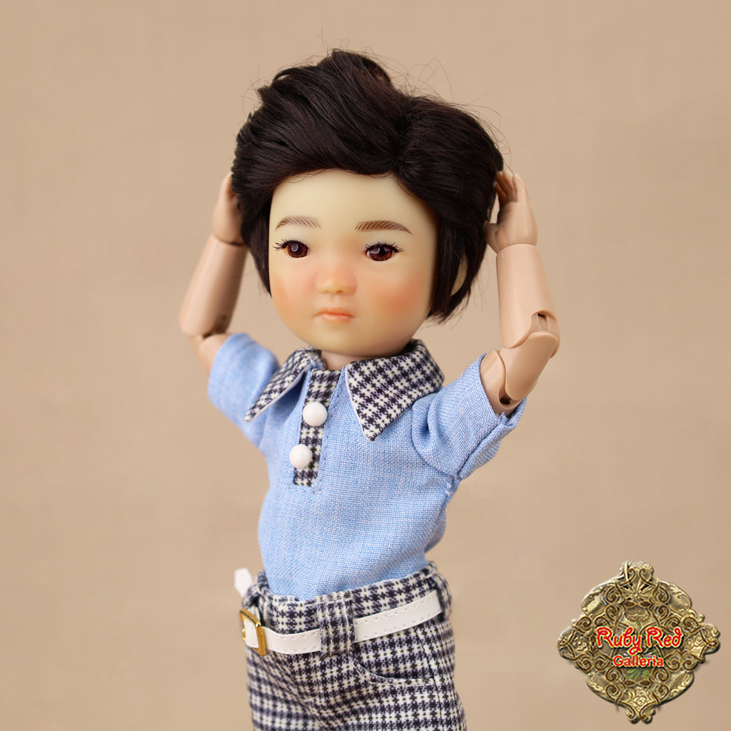 Doll with a blue shirt and checkered pants on a beige background, with 'Ruby Red Dolls' logo.