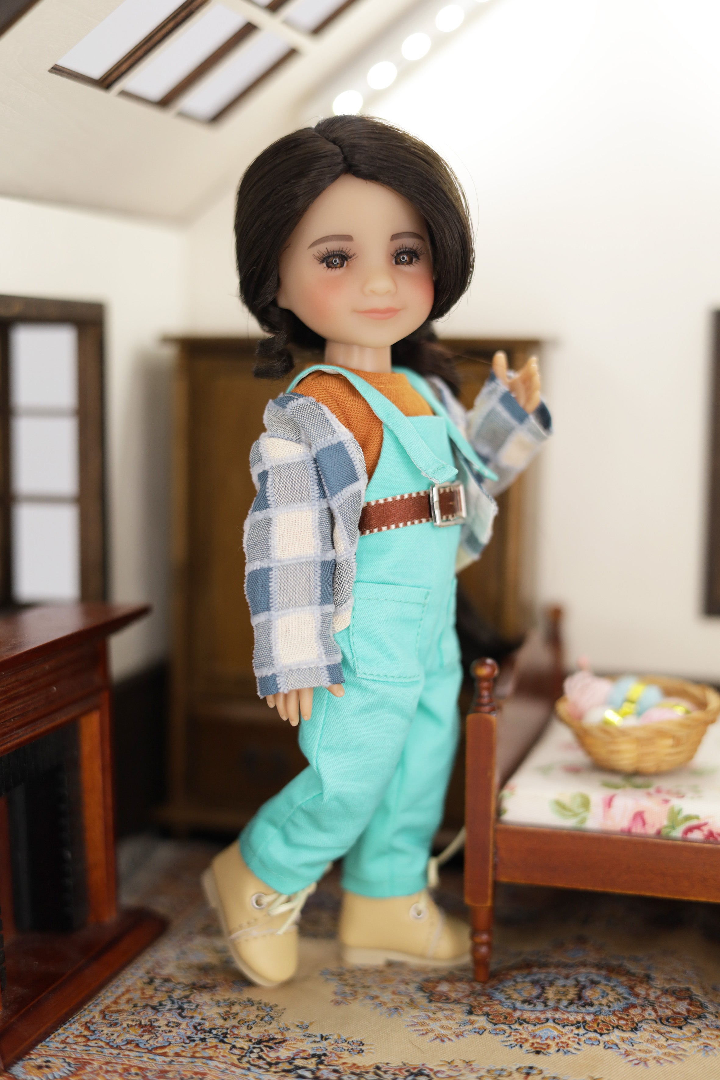 8" mini Freida doll in a room with furniture and decor