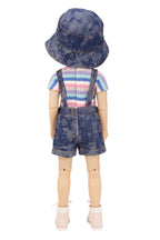 Doll wearing a denim outfit with a striped shirt on a white background
