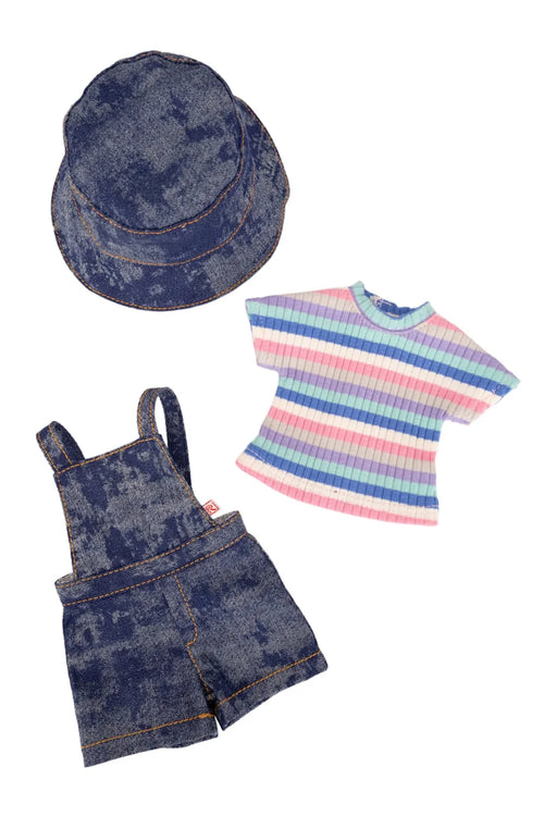 Denim hat, striped shirt, and denim overalls on a white background