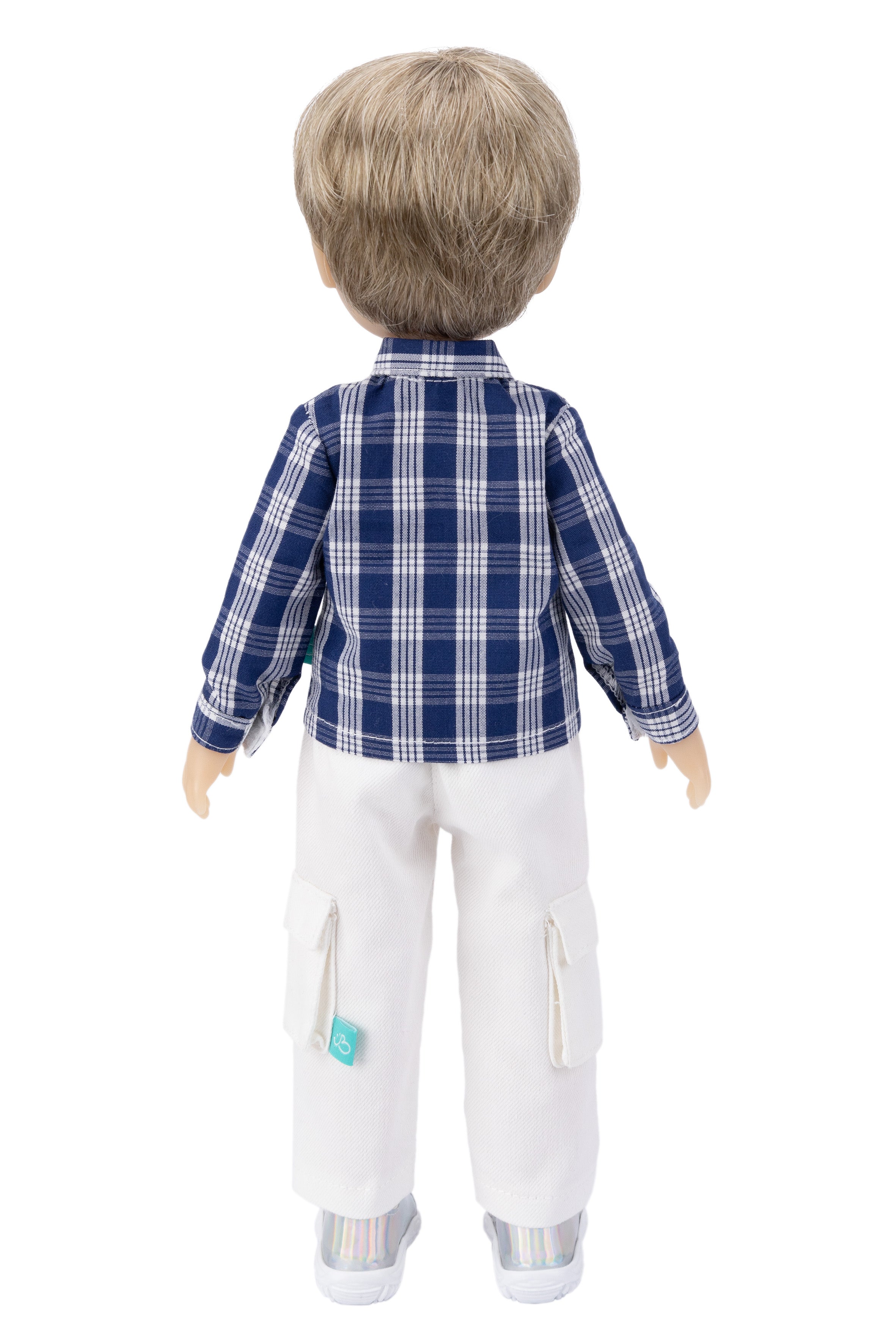 Doll wearing a blue plaid shirt and white pants on a white background
