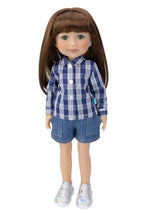 Doll wearing a blue plaid shirt and shorts on a white background