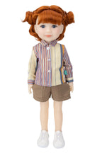 Doll with red hair styled in pigtails, wearing a striped shirt and shorts on a white background