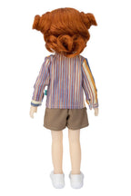 Doll with red hair, striped shirt, and beige shorts on a white background