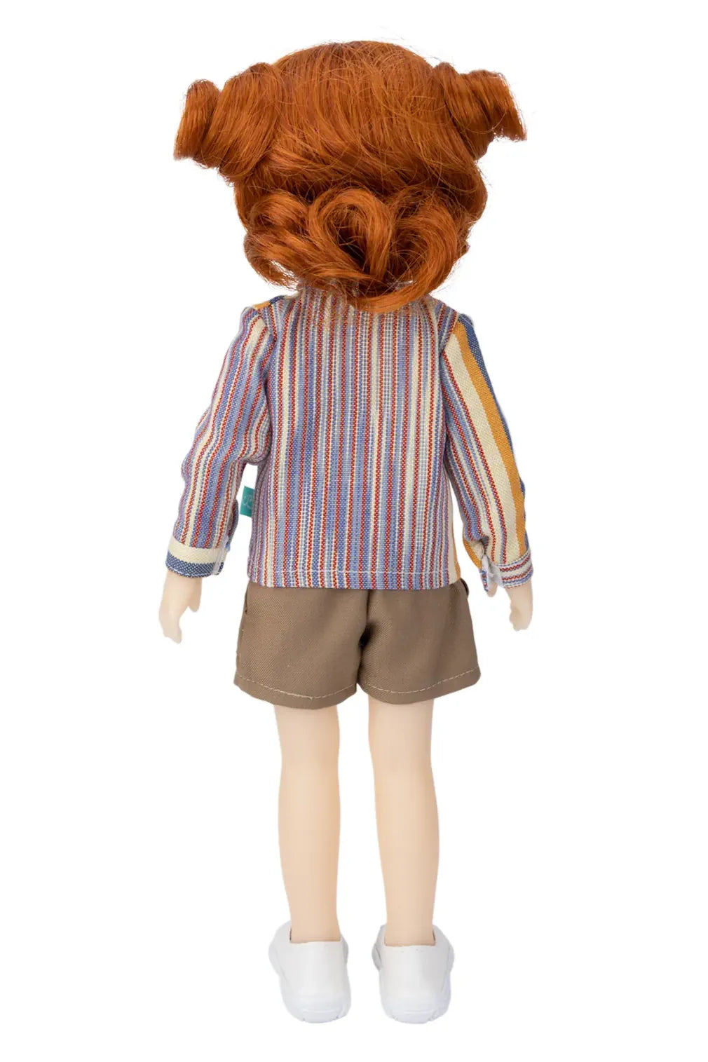 Doll with red hair, striped shirt, and beige shorts on a white background