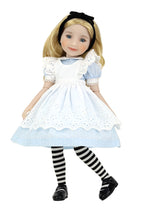 Doll dressed as Alice in Wonderland with a white dress and striped stockings on a white background