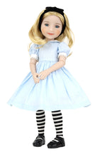 Doll in Alice in Wonderland outfit with blue dress, black shoes, and striped socks on a white background