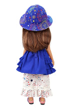 Doll wearing a blue outfit with a colorful hat on a white background
