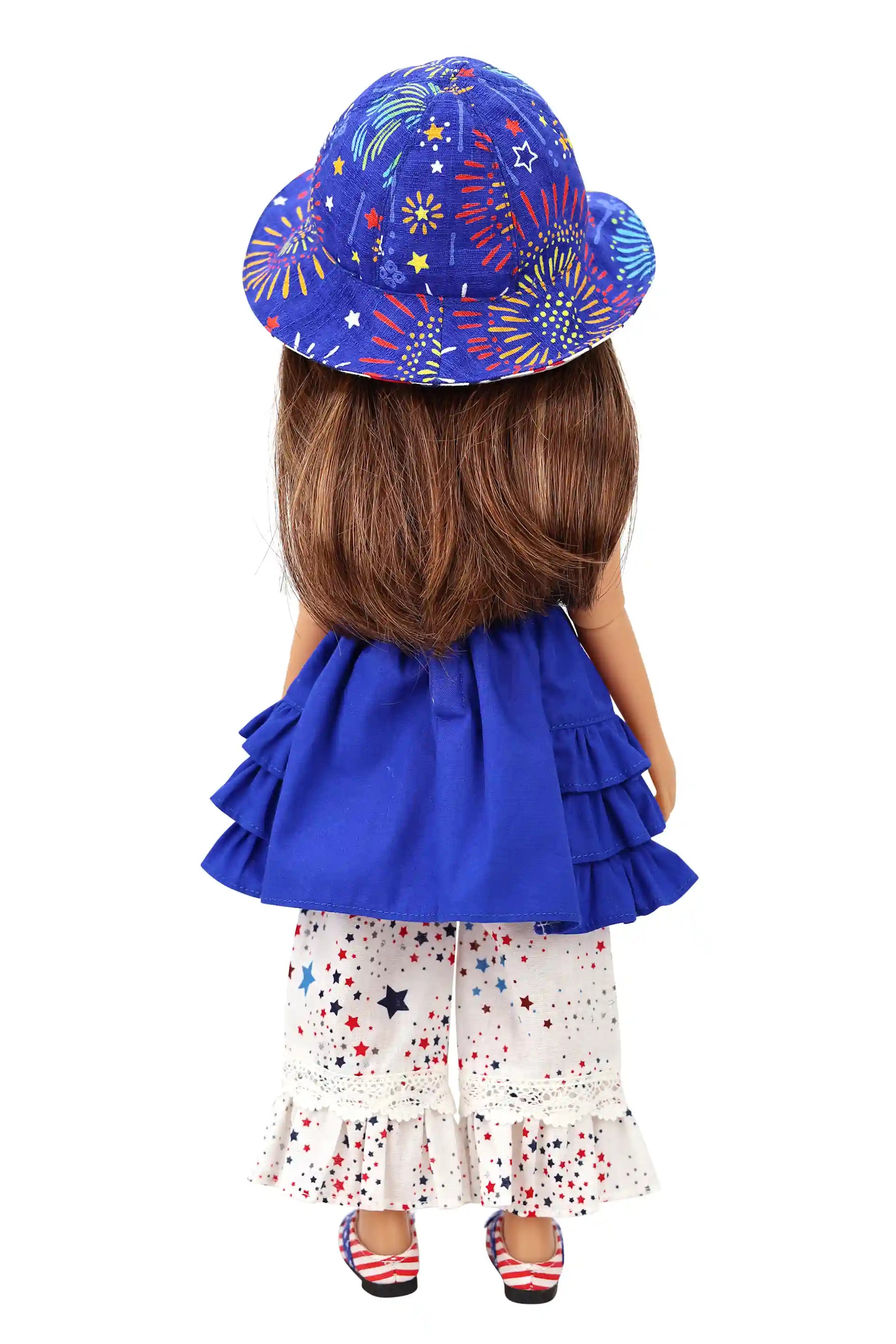 Doll wearing a blue outfit with a colorful hat on a white background