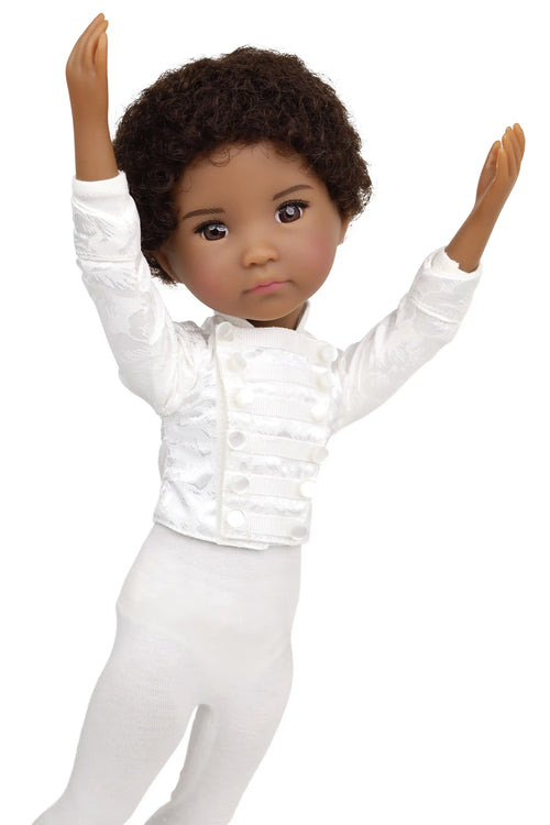 Doll wearing a white outfit with arms raised on a white background
