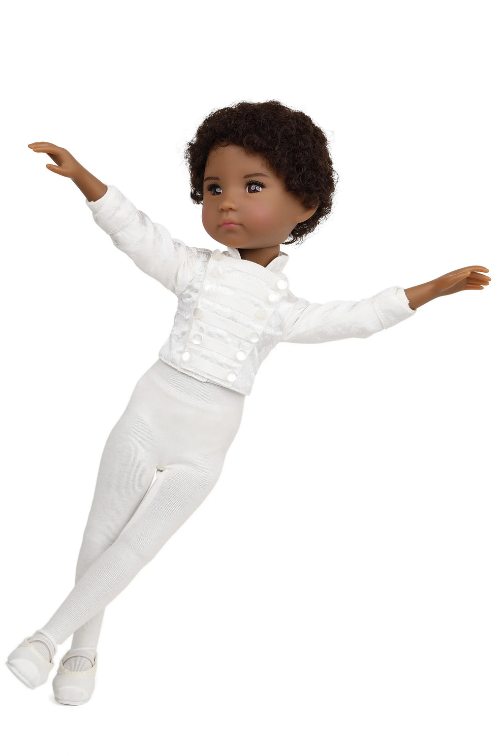 Doll wearing a white outfit on a white background