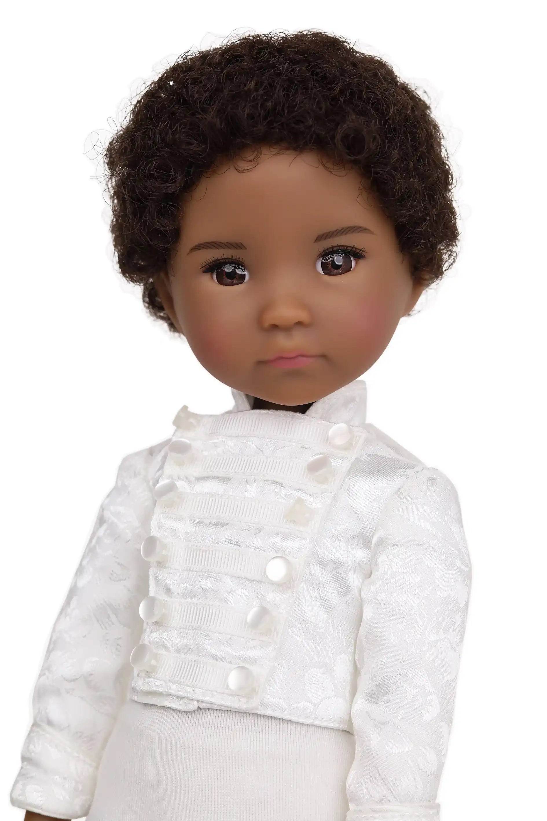 Doll wearing a white outfit with a textured pattern on a white background
