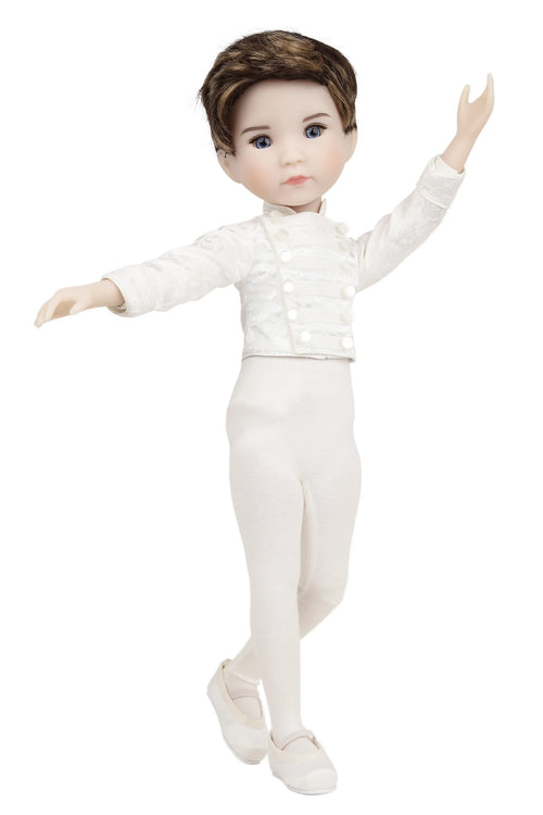 Doll in a white ballet outfit on a white background