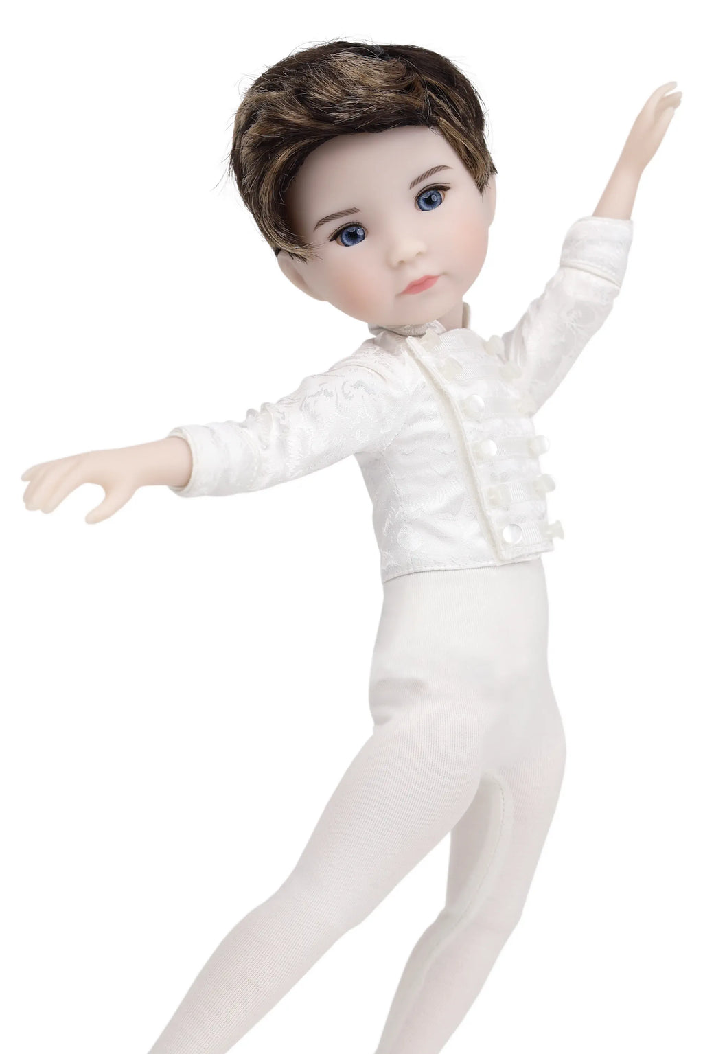 Doll in a white ballet outfit on a white background