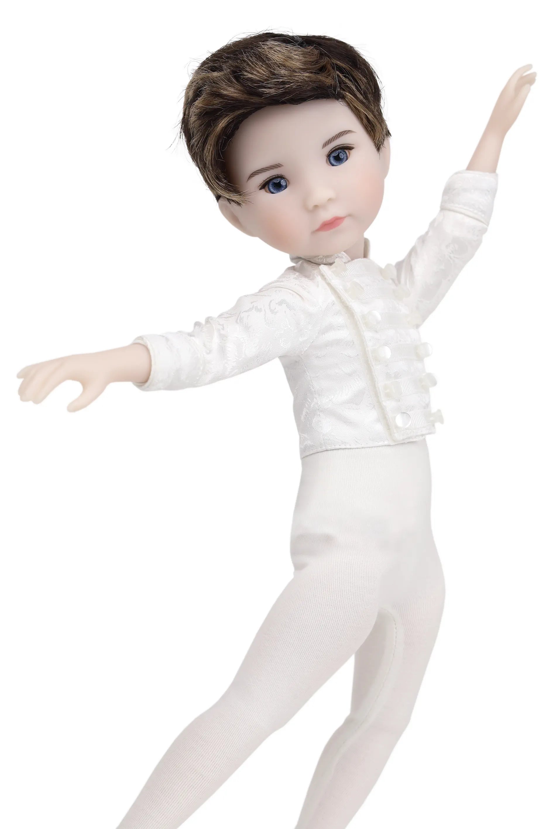 Doll in a white ballet outfit on a white background