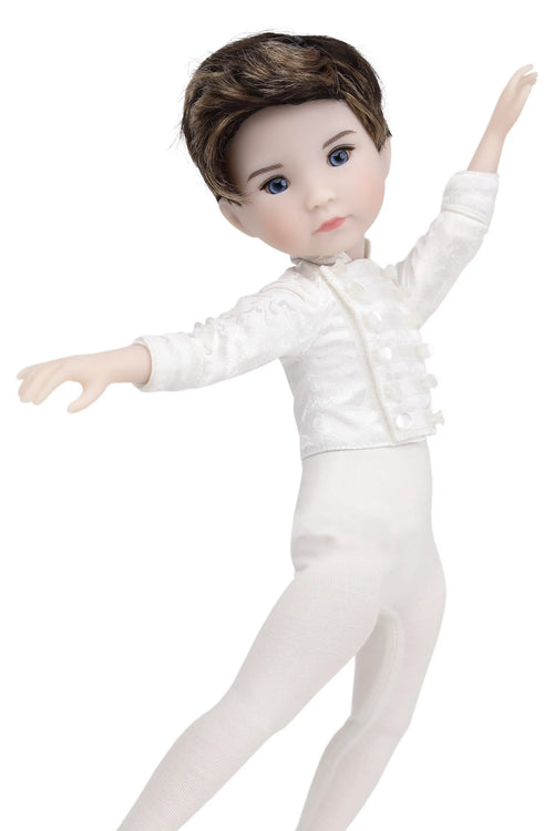 Doll in a white ballet outfit on a white background