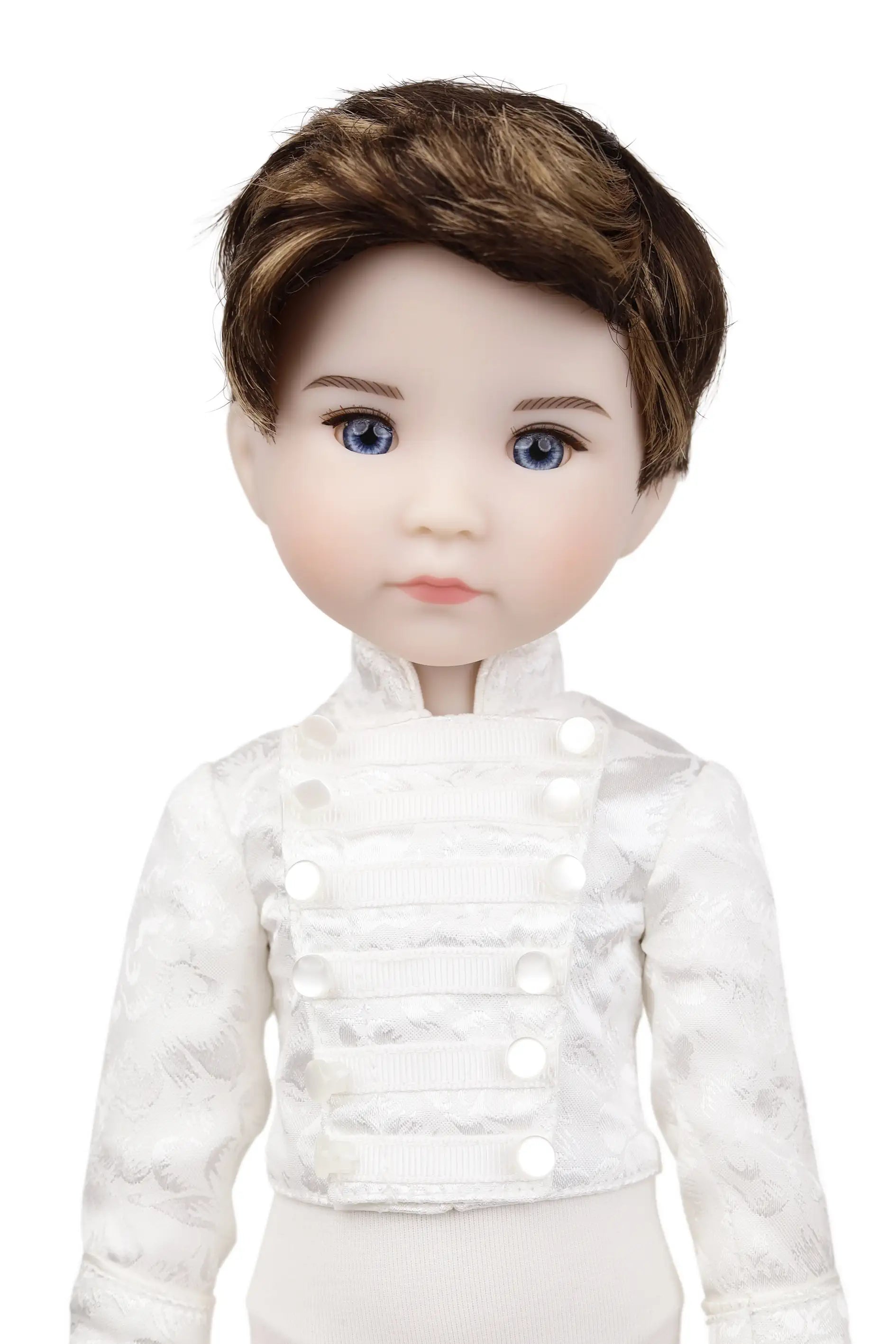 Doll with a white ballet outfit on a white background