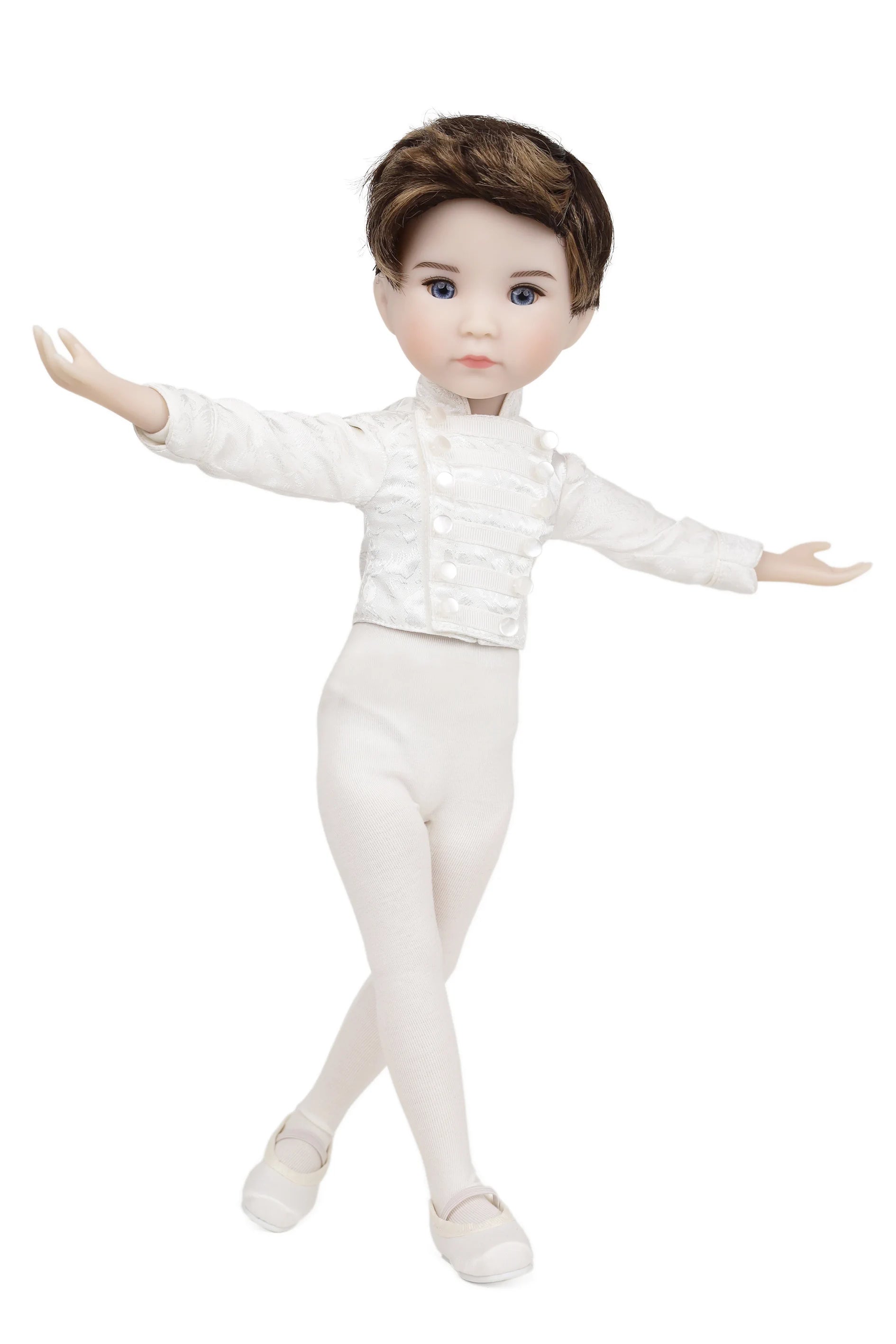 Doll in a white ballet outfit with a textured top and tights on a white background