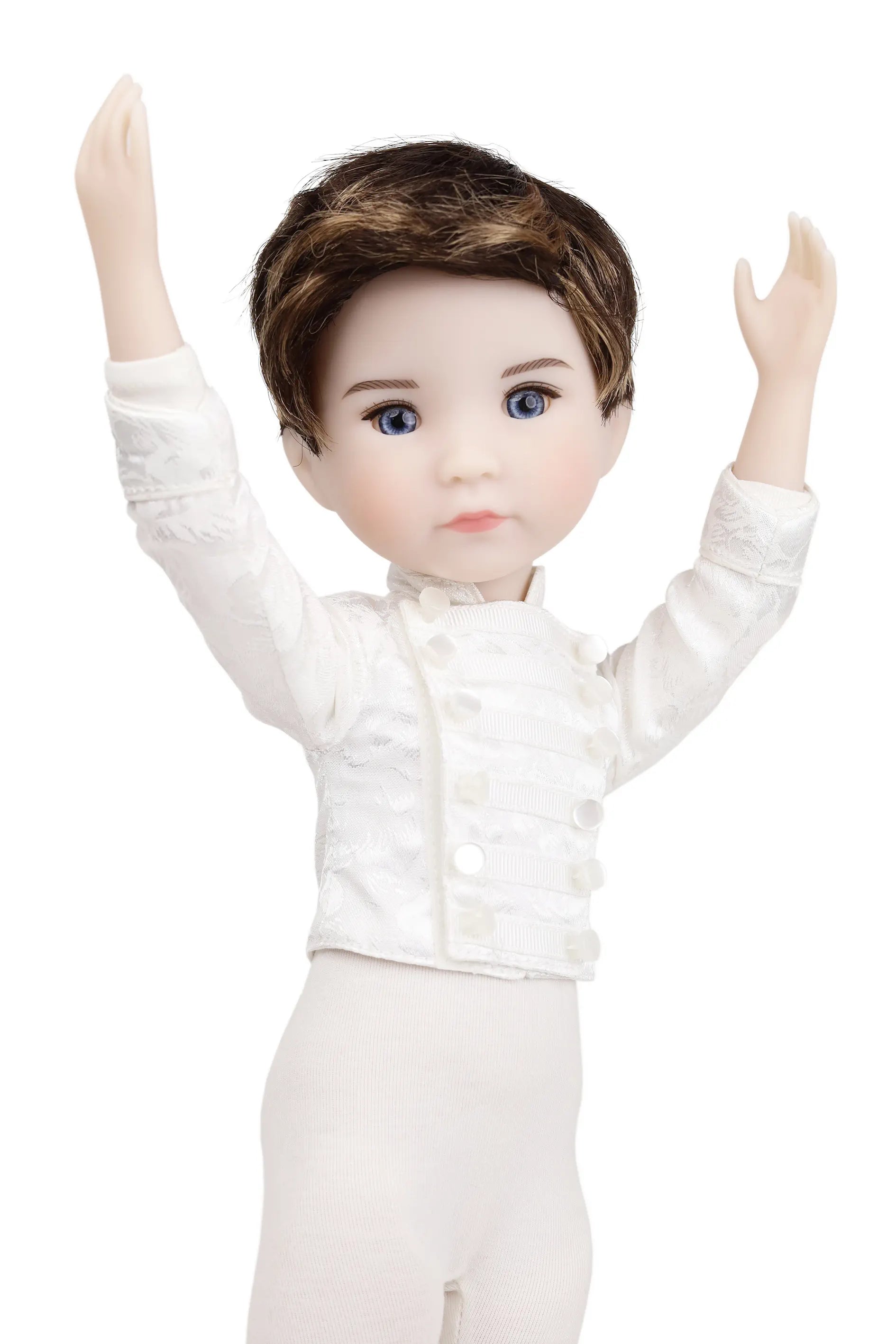 Doll wearing a white ballet outfit with arms raised on a white background