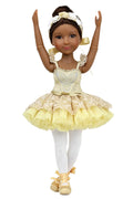 Doll in a yellow ballet outfit with white accents on a white background