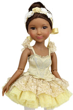 Doll in a yellow ballet outfit with white accents on a white background