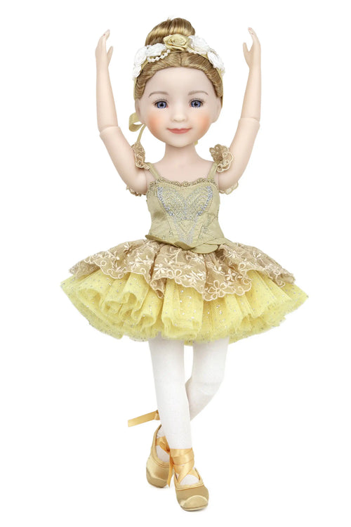 Ballet doll in a yellow and gold dress on a white background