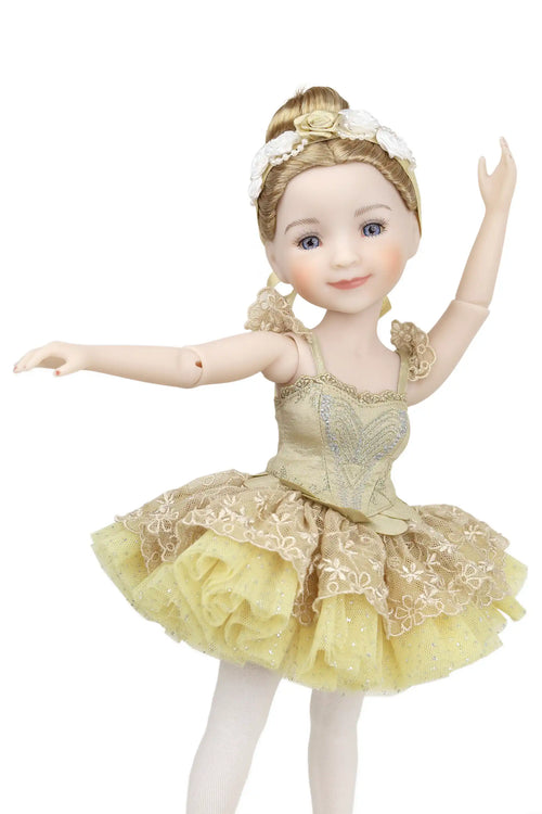 Ballet doll in a gold and yellow dress on a white background