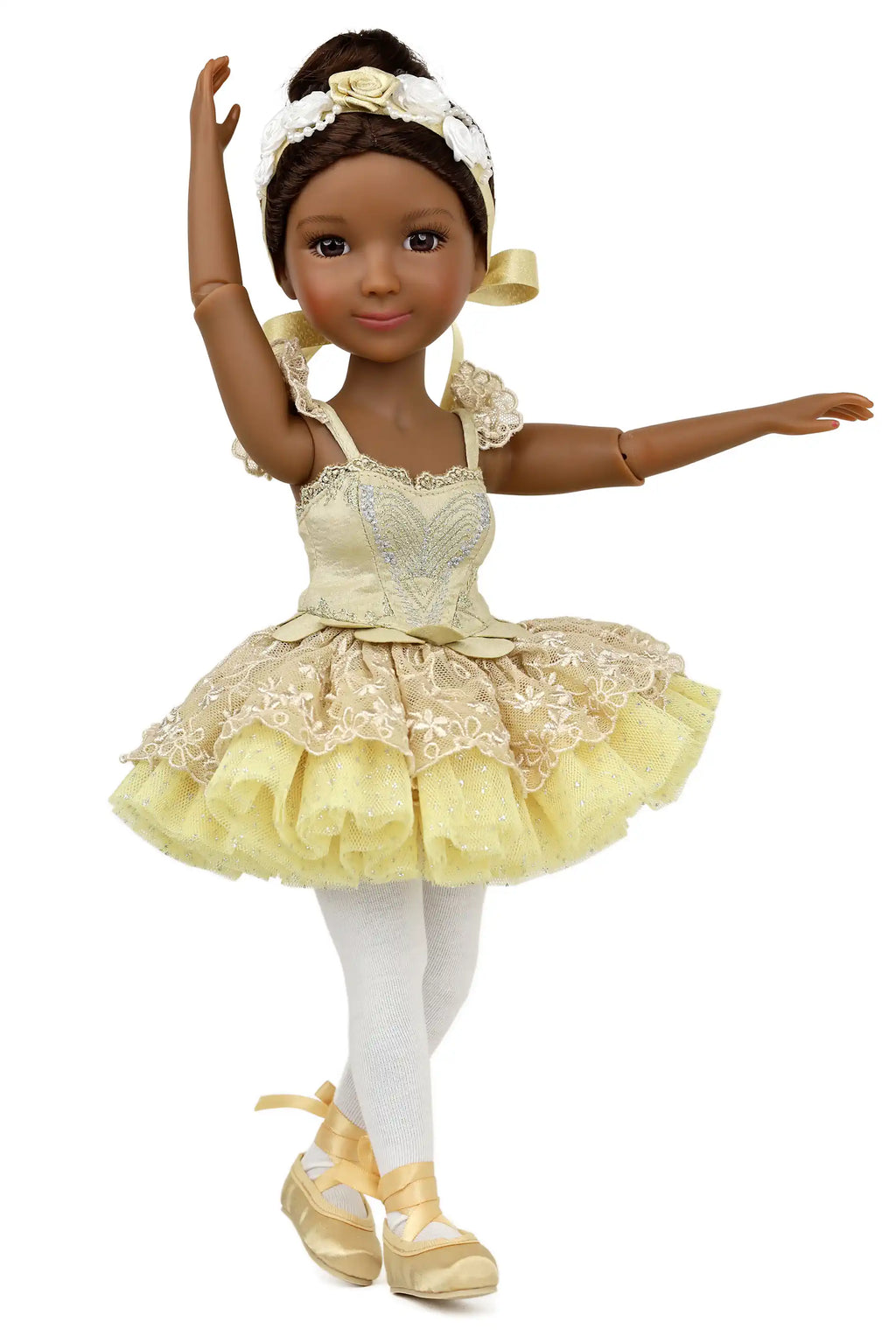 Doll in a yellow ballet outfit with white accents on a white background