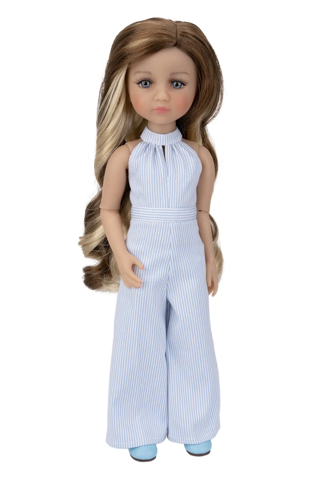 Doll wearing a light blue striped outfit on a white background