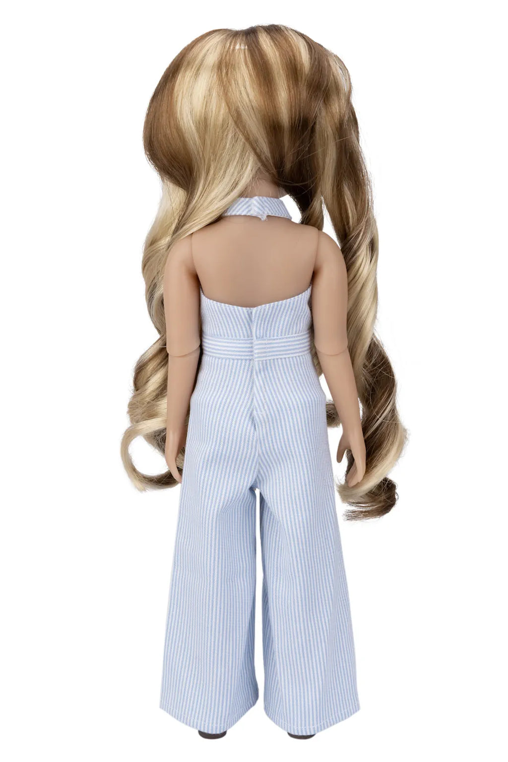 Doll wearing a blue and white striped jumpsuit with long blonde hair styled in pigtails on a white background