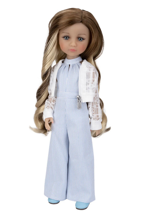 Doll with long hair wearing a light blue outfit on a white background