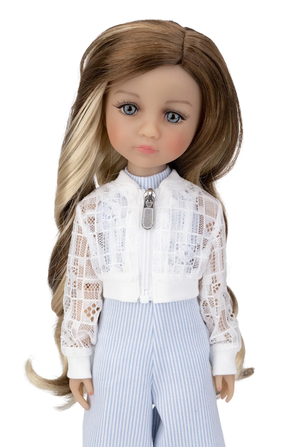 Doll with long brown hair wearing a white lace blouse and light blue striped pants on a white background